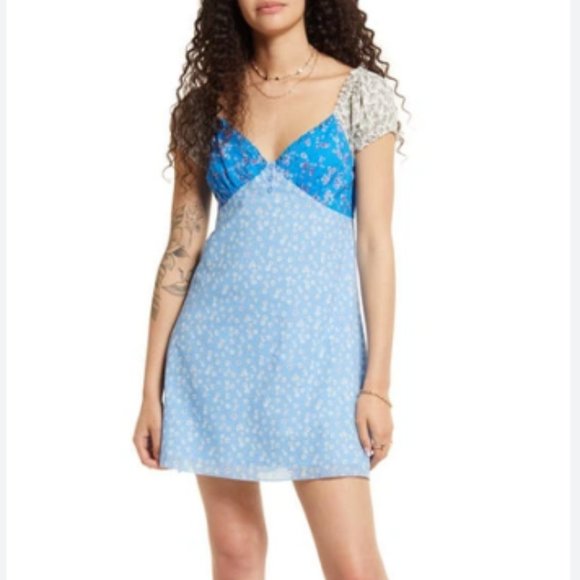 BP. Mixed Print Prairie Cottagecore Cotton Sweetheart Mini Dress - Picture 1 of 14